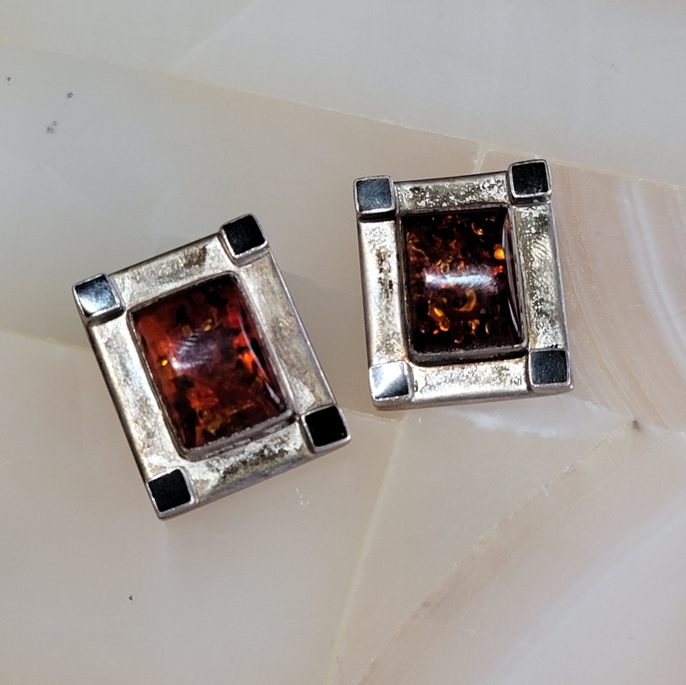 Sterling Silver Vintage LB Baltic Amber .925 Clip On Earrings